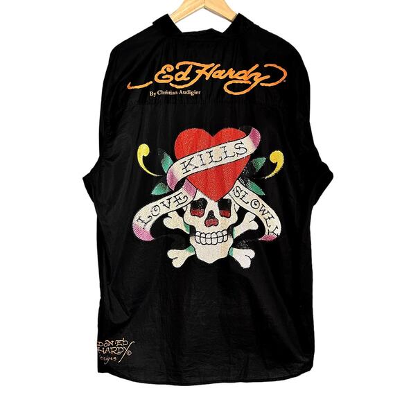Ed Hardy by Cristian Audigier Tiger Love Kills slowly Black Shirt size XXL - Picture 1 of 15